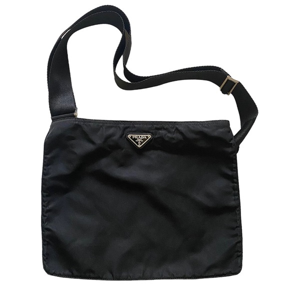 Prada Handbags - AUTHENTIC PRADA NYLON CROSS-BODY FLAT ZIPPER BAG BLACK, H: 10” X W: 12.25”